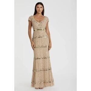 Mac Duggal Gold Sequin Tiered V-Neck Evening Gown